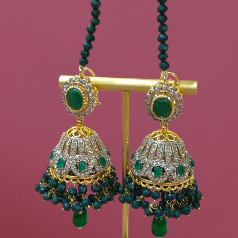 Lustrous White Stones & Green Stones/ Beads Earrings With Attached String Sahary